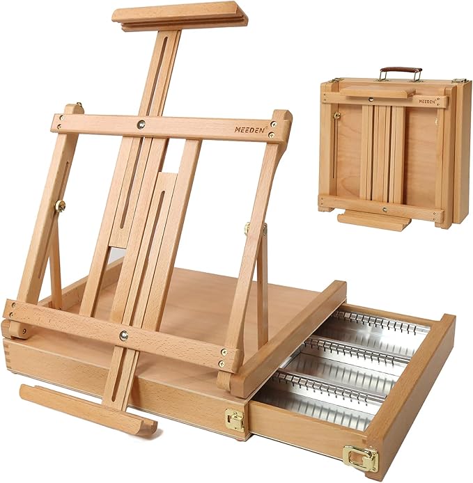 MEEDEN Studio Sketchbox Table Easel with Metal Lined Drawer - Adjustable Solid Beech Wood Tabletop Easel & Sketchbox Artist Easel with Storage, for Studio or Plein Air - Holds canvases up to 34" high
