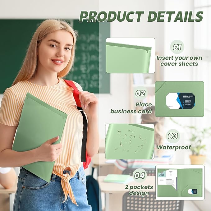 Henoyso 36 Pcs Plastic Folders with Clear Front Pockets Heavy Duty File Folders with 2 Pockets and Card Slot for Student Communication School Office Presentation Report (Sage Green)
