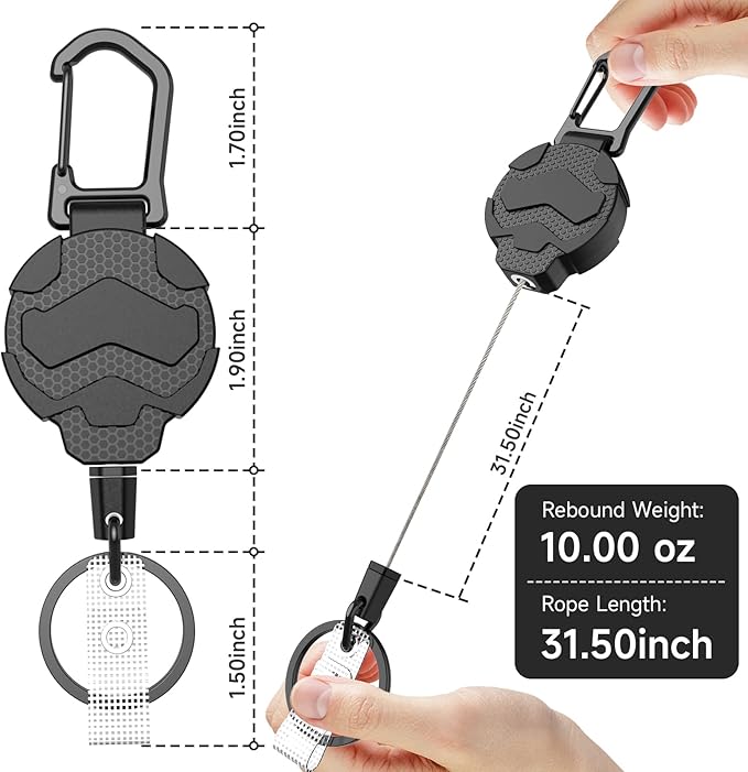 VYNCS Retractable Keychain Badge Holder with Belt Clip, Heavy Duty Carabiner ID Badge Clip Reel, 32” Steel Retractable Cord, 10 oz Rebound，2pcs Black Keychain