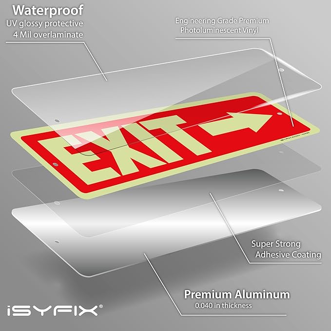 iSYFIX Exit Signs with Directional Right Arrow, Glow in the Dark, Photoluminescent Aluminum 12x4 Inch - 6 Pack, Laminated for UV & Weather Resistance, Ideal for Offices, Schools, Theaters & More