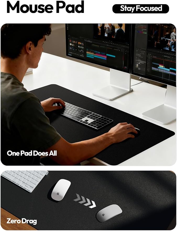 YSAGi Leather Office Desk Pad Protector, Large Mouse Pad, Non-Slip, PU Leather, Laptop Desk Blotter, Waterproof Writing Pad for Office and Home, Black, 23.6" x 13.8"