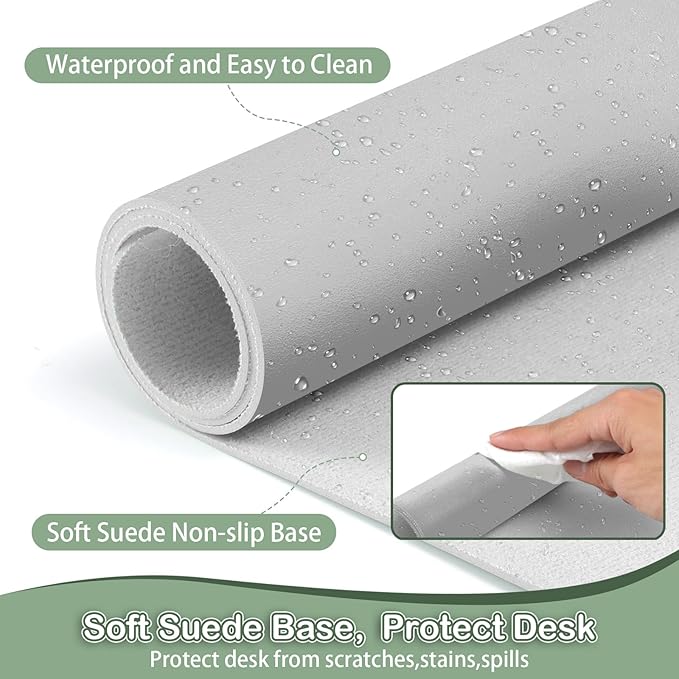 Boutilon Leather Desk Pad Protector,Non-Slip Mouse Pad,Laptop Desk Pad,Office Mouse Mat,Waterproof Leather Desk Blotter,Desk Writing Pad for Office and Home (L-Silver,35"x 17")