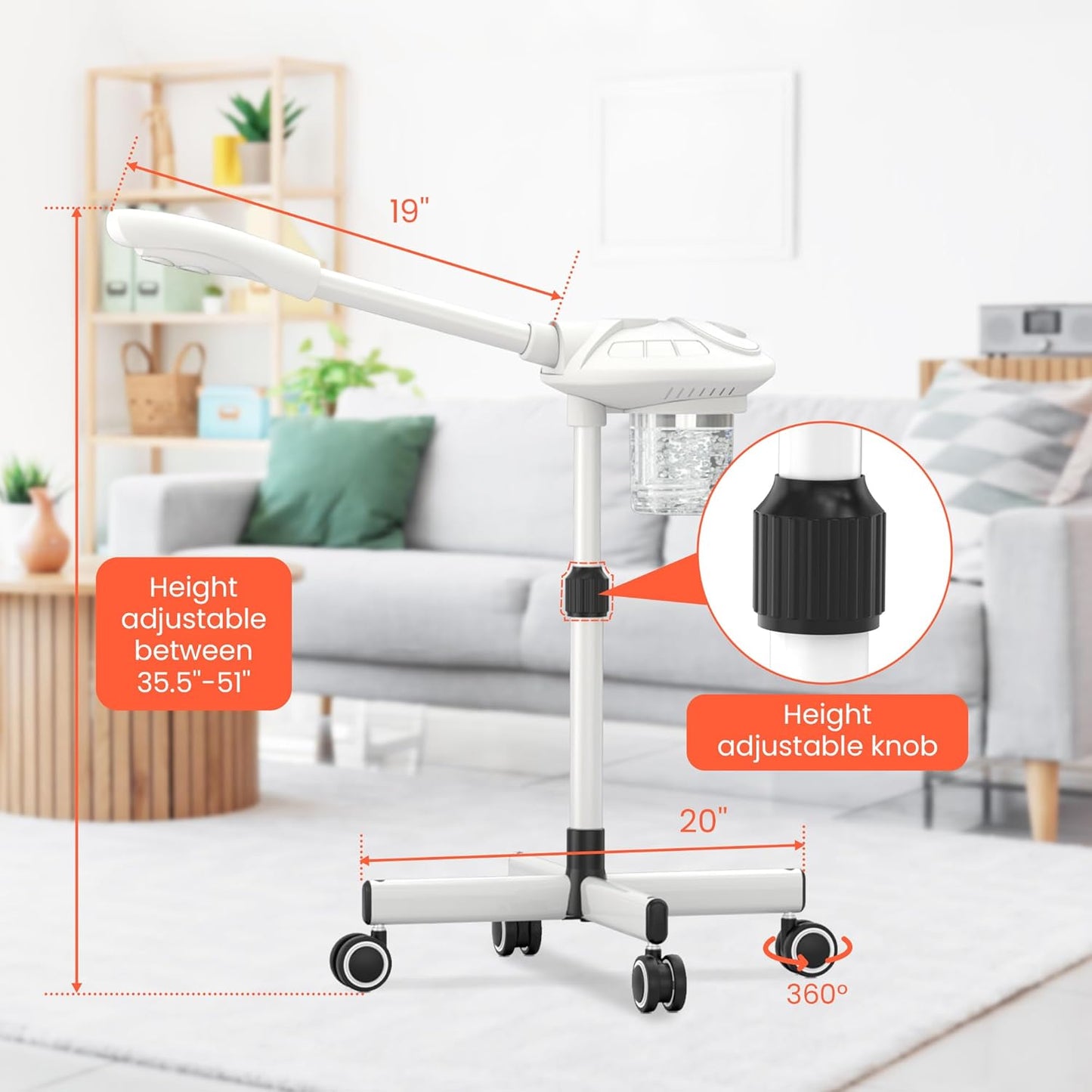 TASALON Professional Facial Steamer with Ozone, Vapor ozono Facial Steamer Professional for Clean Skin, Firm Pores, Esthetician Steamer for Home or Salon Use, Adjustable Height and Angle,White