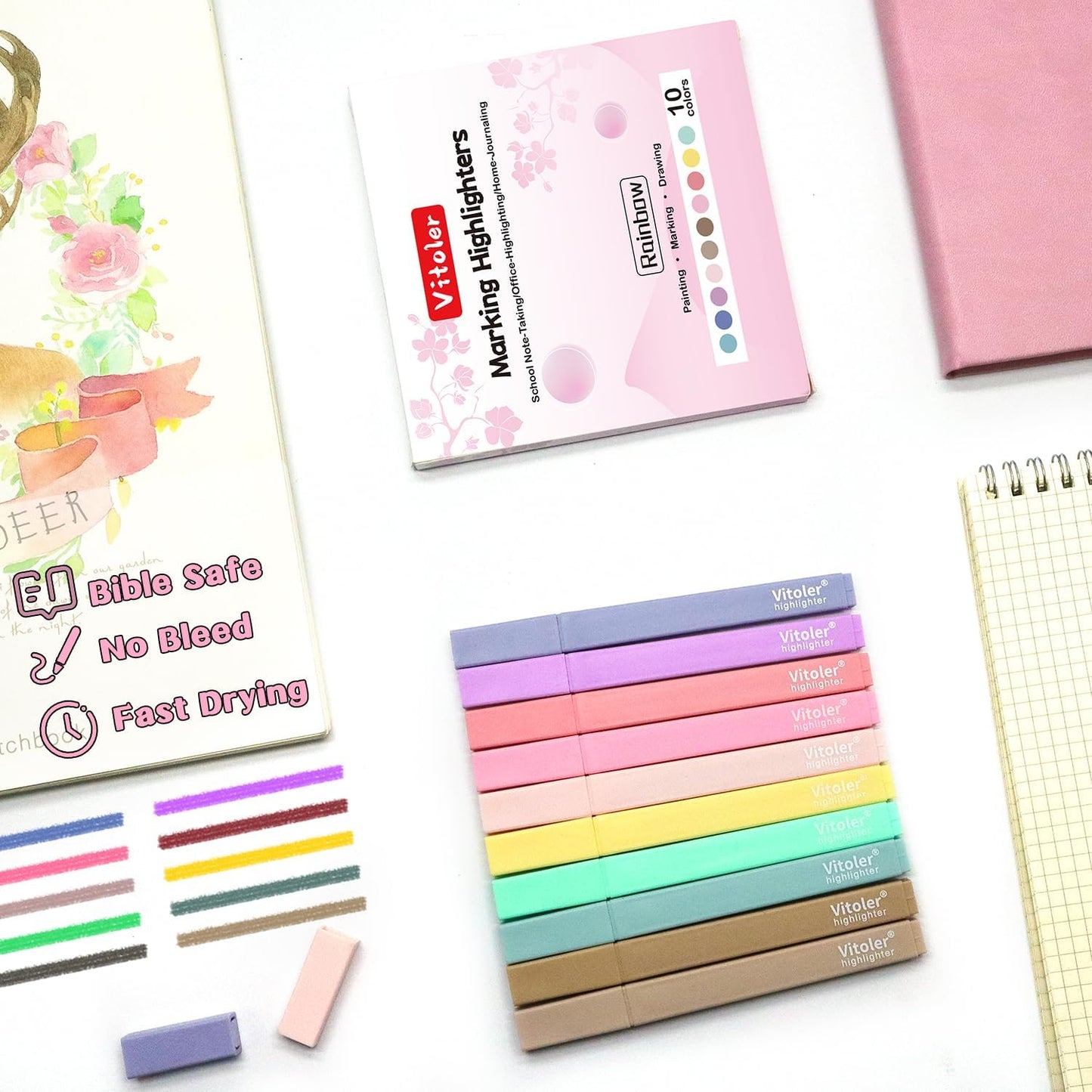 Vitoler 10 Pack Aesthetic Highlighters Soft Chisel Tip Bible Pastel Highlighters Cute Rainbow Color No Bleed Bible Highlighter,Great for Painting,Noting,Marking