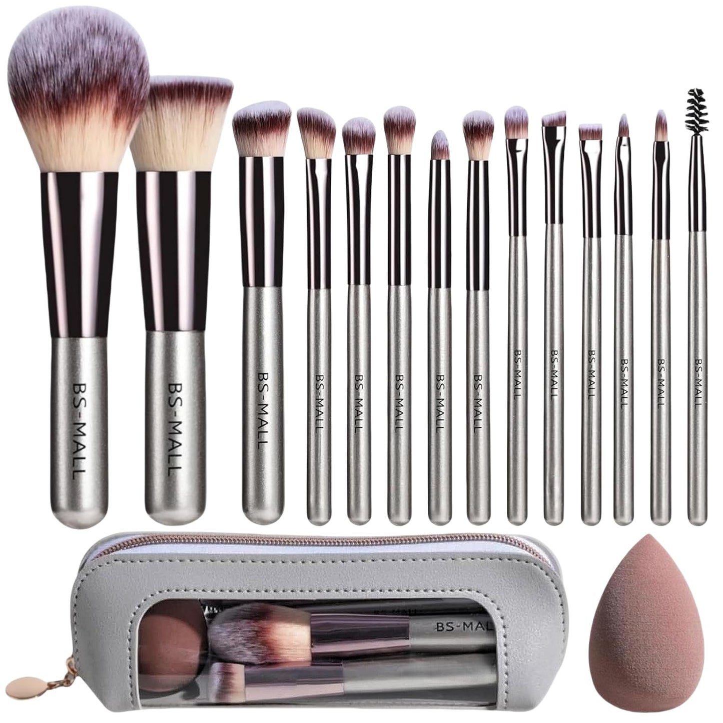 BS-MALL Makeup Brushes Set 14 Pcs with 1 Pcs Makeup Sponge – Essential Foundation Powder Concealers, Eye Shadows, Blush Makeup Brushes with Travel Makeup Case (Champagne)