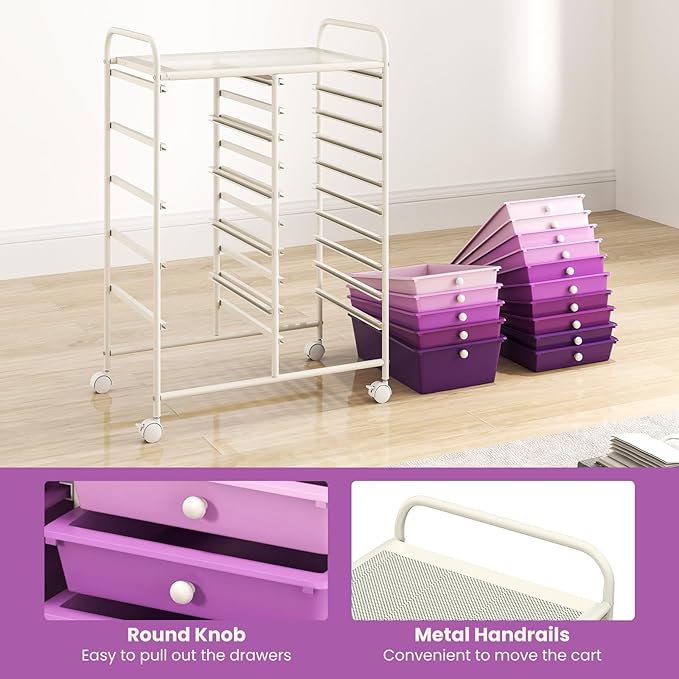 DORTALA 15-Drawer Rolling Storage Cart with Drawers, Rolling Utility Cart w/Removable Drawers & Universal Wheels, Tools Scrapbook Paper Organizer for School, Office, Home, Classroom (Gradient Purple)