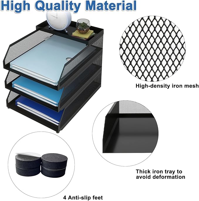 Natwind 3-Tier Desk Organizer,Desk Accessories, Stackable Paper Tray, Metal Mesh Desktop Organizer, Paper Sorter, Letter Trays,File Document Storage Rack for for Home, Office, School (Black)