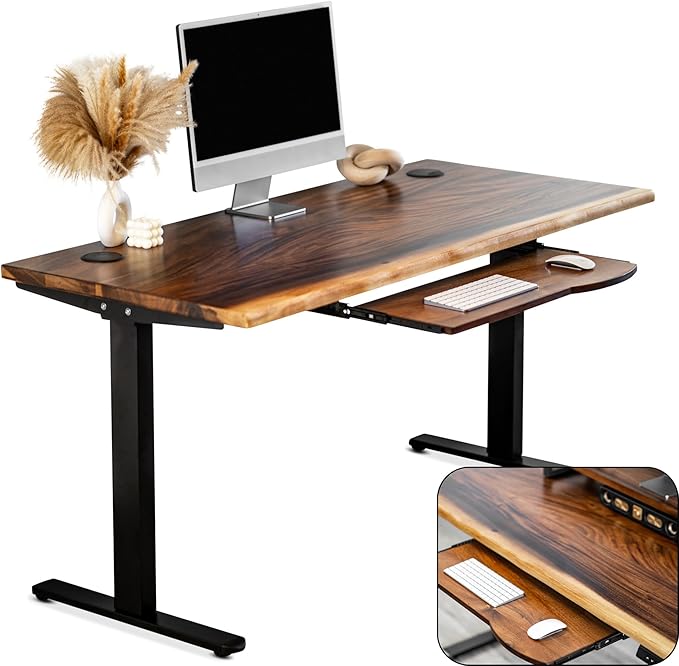 Standing Desk with Keyboard Tray – Walnut Solid Wood Desk, Natural Live Edge, Adjustable Height Dual Motor, Sit Stand for Home Office (Black, W48 x D27)