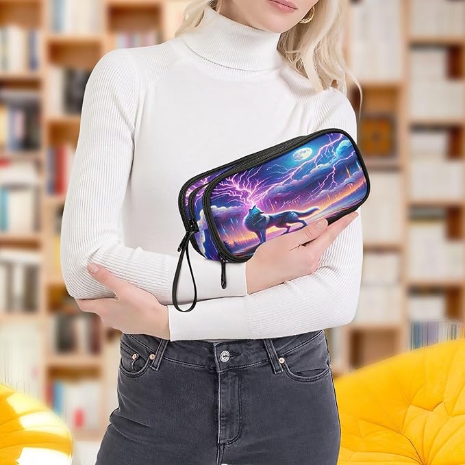Wolf Howling Moon Lightning Pencil Case Box Boys Girls Large Pencil Pouch with Zipper Compartments Big Capacity Stationery Pen Bag Organizer for Kids Teens Adults School