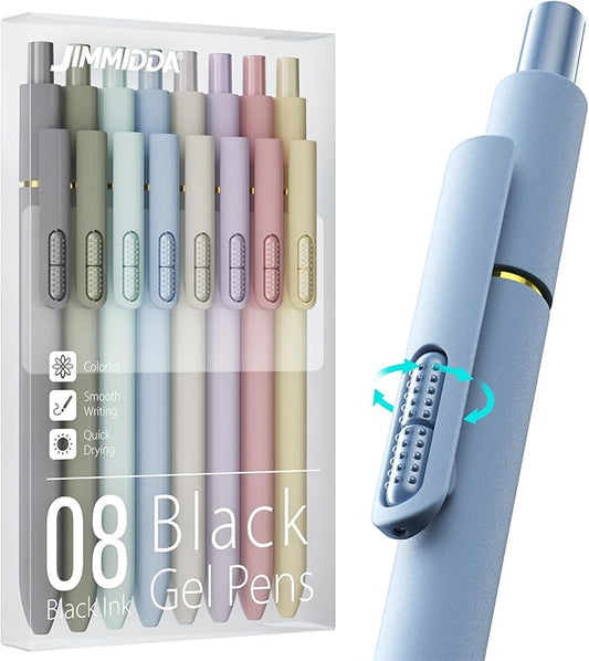 JIMMIDDA 8Pcs Black Gel Pens - 0.7mm Medium Point Black Ink Pens | Smooth Writing - Quick Drying Retractable Pen for Men Women (Morandi - 8Pcs)