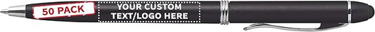 DISCOUNT PROMOS Custom Twist Action Plastic Stylus Pens, Set of 50, Personalized Bulk Pack - Pens for Work, Cool Pens for Writing, Black Ink - Black