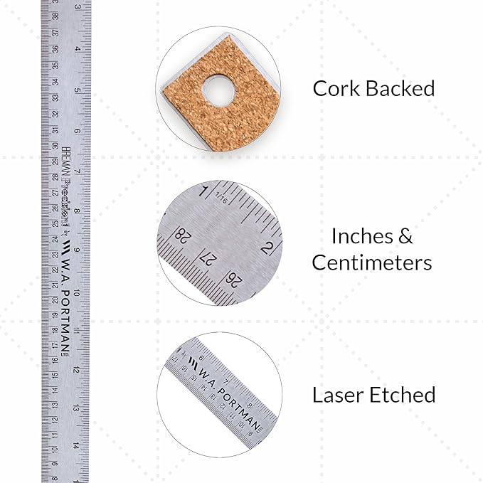 Breman Precision Metal Ruler 18 Inch Cork Back – 10 Pk Stainless Steel Straight Edge, Flexible Non-Slip Metal Ruler with Cork Backing – Imperial & Metric for Crafting, School, Workshop & Home Use