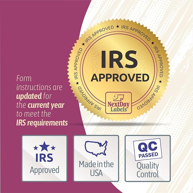 NextDayLabels - W-2 4-Up Employee Tax Forms, Instructions on Back" for 2025, for Laser/Inkjet Printer. Compatible with QuickBooks and Accounting Software ETC. (Pack of 50 Sheets & Envelopes)