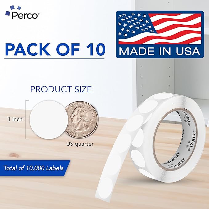 Perco Clear 1-Inch Perforated Circle Dot Sticker Labels — 10 Rolls, 10,000 Round Stickers — with Permanent Adhesive for Inventory Management, Color Coding, Garage Sales, Crafts—Made in USA