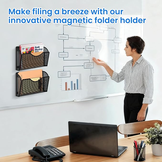 KZWKRG 6 Pack Magnetic File Holder, Magnetic Pocket Wall File Holder, Mesh Wall Paper Organizer, Vertical Mail Basket, Storage Organization Magazine Rack for Office, Home and School