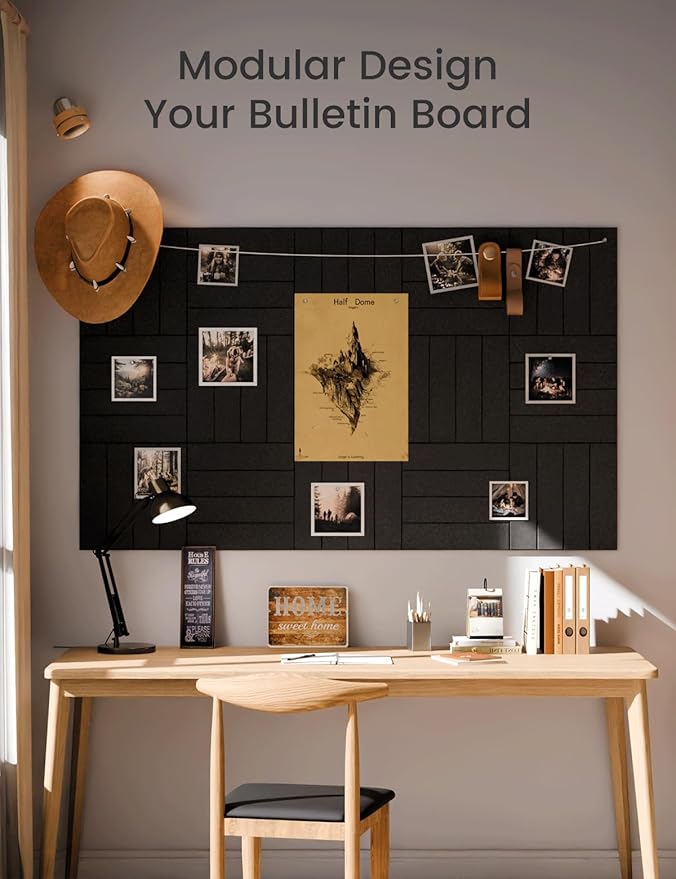 Fluxynara Felt Bulletin Board Tiles Large 48" x 36" Cork Board Alternative-12 Pack with 70 Adhesive Tabs, Thick Slat Wall Panels for Office Decor, Push Pin Board Wall Organizer Alternative -Black