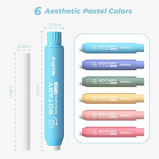Nicpro 6 Pack Rotary Retractable Erasers, Soft TPE Twist Erasers in Cute Rainbow Colors, Clean Erasing Large Pencil Eraser for Students Kids, School Supplies, Office, Stationary, Drawing & Journaling