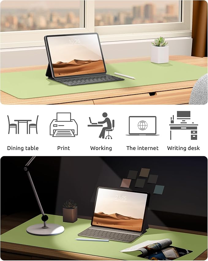 YSAGi Leather Desk Protector, Office Mat, Large Mouse Mat, Non-Slip PU Leather Blotter, Laptop Desk, Waterproof Writing Pad for Office and Home (Peak Green, 35.4" x 17")