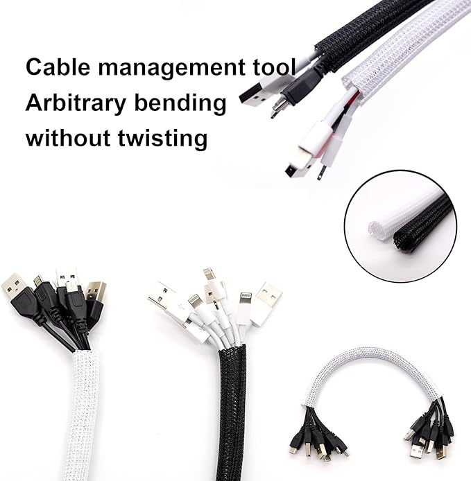QCSIW 50ft - 1/2 Inch Heavy-Duty Braided Cable Sleeve, Split Wire Loom Tubing Cord Protector for USB/Power/Audio Cables - Flame Retardant, Pet Chew Proof - Black