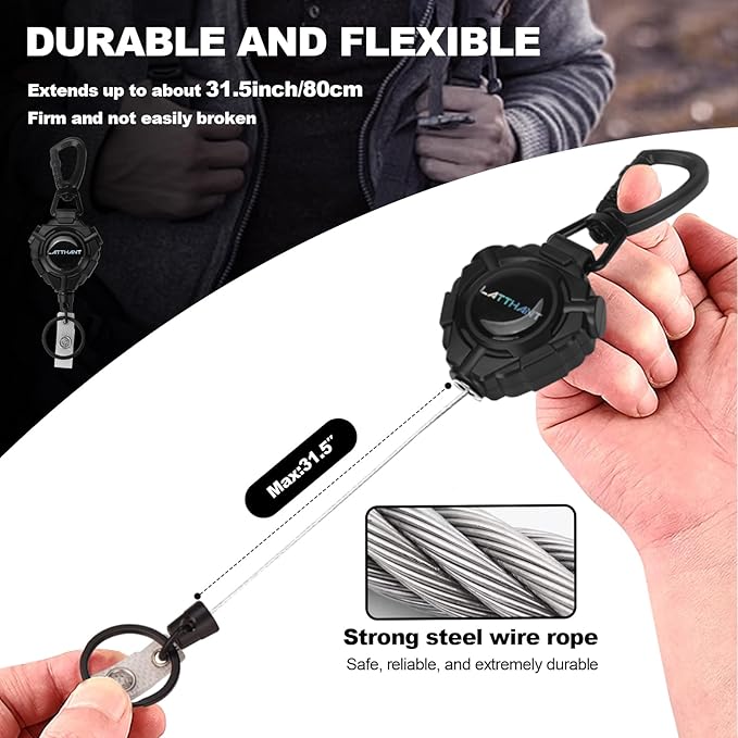 LATTHANT ID Badge Holder Retractable, 2 Pack Heavy Duty Badge Reel with 31.5 inch Steel Cable, 360-Degree Rotating Carabiner Clip for Office ID Cards, Work Security Access, Professional Workplace Use