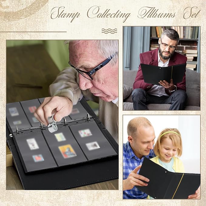 Lewtemi Stamp Collecting Albums Set Stamp Collection Book Include 20 Pages Album Binder Tweezer and Loop Magnifier Collecting Supplies for Collectors(Black,1/2/3/4 Rows)