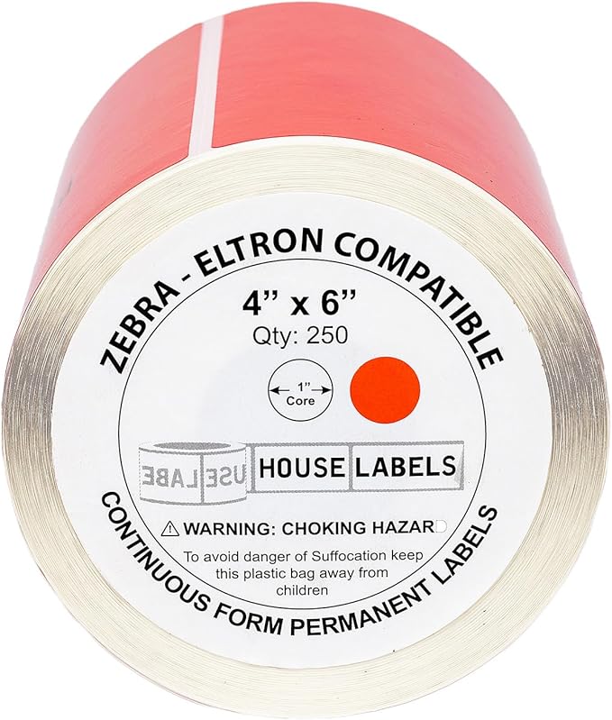 HOUSELABELS 4" x 6" Red Shipping Labels on 1" Core Compatible with Zebra and Rollo Printers, 8 Rolls / 250 Labels per Roll