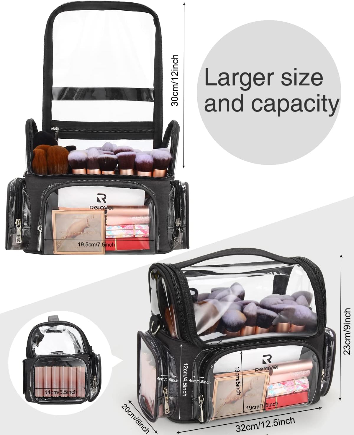 Makeup Brush Case, Large Makeup Brush Holder Professional Makeup Artist Travel Case Clear Waterproof Cosmetic Organizer Bag, Full Open Easy to Access, with Adjustable Strap and Dividers