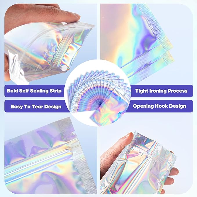 100Pcs Holographic Resealable Bags, 4x6 inch Packaging Foil Pouch ，Motomy Mylar Food Storage Bag Great for Small Business and Party Favor……