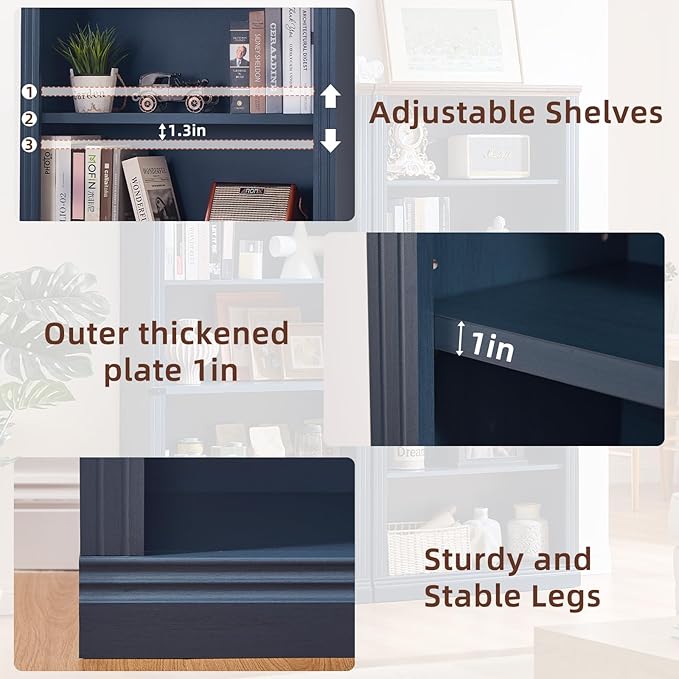 RWYHG 70" Blue Tall Bookshelf Set of 4,5-Tier Thick Wooden Book Shelf with Adjustable Shelves,Free Standing Farmhouse Bookcase with Open Display Storage,Floor Vintage Bookshelves for Living Room