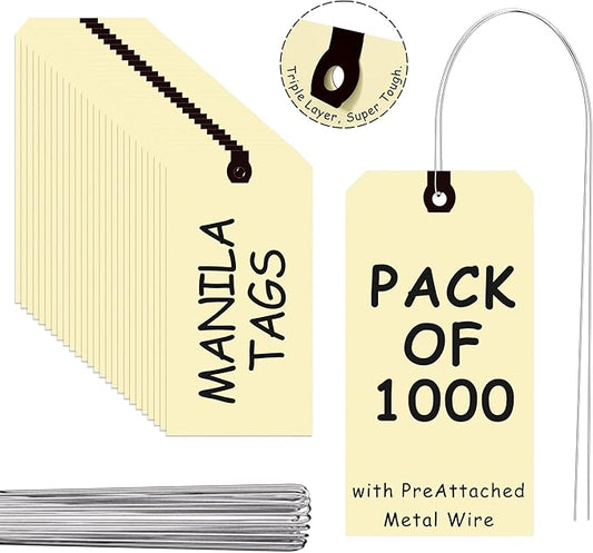 INNOVART Shipping Tags - Double Wired 4 1/4" x 2 1/8", Manila Wire Tags with Reinforced Eyelet, Case of 1000
