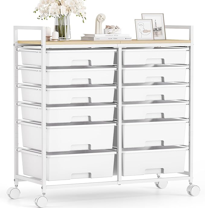 Rolling Storage Cart with 12 Drawers, Wooden Tabletop Utility Cart for Craft Storage, Art Supply Storage & Home Office Organization, Teacher Cart with Wheels for Classroom, School (White)
