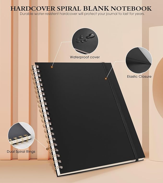 Blank Spiral Notebook Journal 8.5” x 11”, A4 Large Sketch Book for Women Men, 100 GSM Blank Paper Drawing Notebook, Plastic Hardcover Spiral Bound Sketchbook for Sketching Work School Writing, Black
