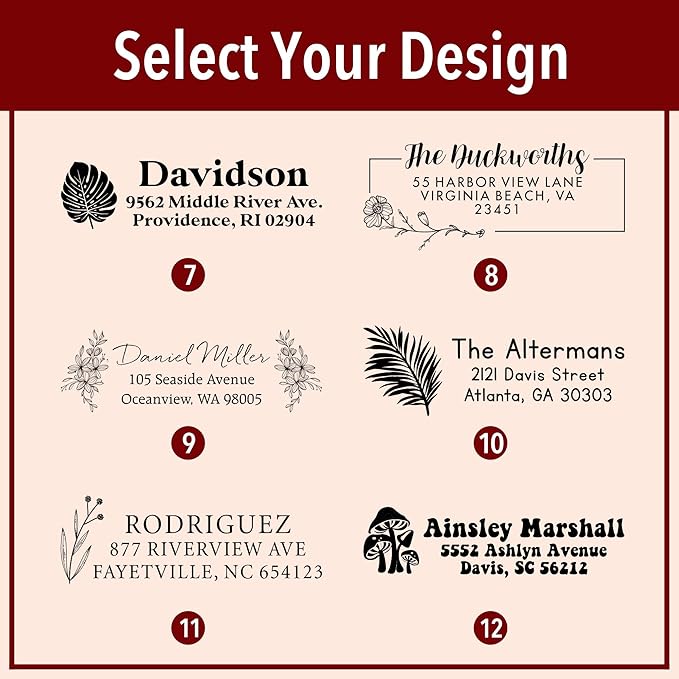 Custom Floral Address Stamp | Choose from 12 Designs | Multiple Ink Color Options | Envelope Return Address Stamp for Couple or Family (Design 5, Extra Large)
