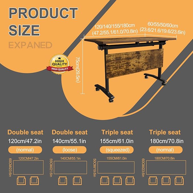 Folding Conference Table 4ft 5ft, Foldable Office Meeting Desk for 6 People, Multiple Sizes Colors Mobile Conference Room Table for Training Room School Business Furniture (4, Brown, 63in)