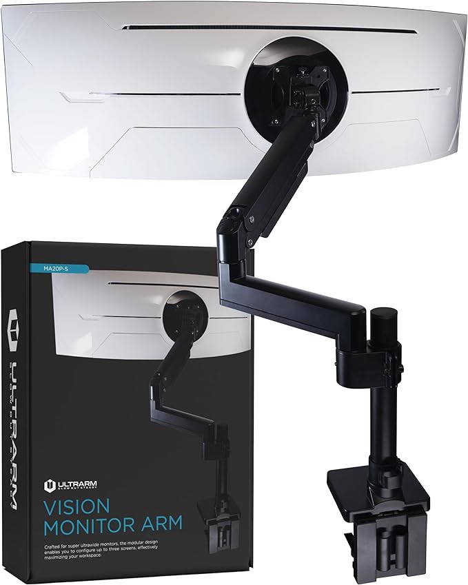 ULTRARM Heavy Duty Monitor Arm for Ultrawide Monitors up to 57" and 44 lbs, Single Desk Stand, Pneumatic Height Adjustable, Modular Extension Arms - Max VESA 100x100, Black, MA20P-S
