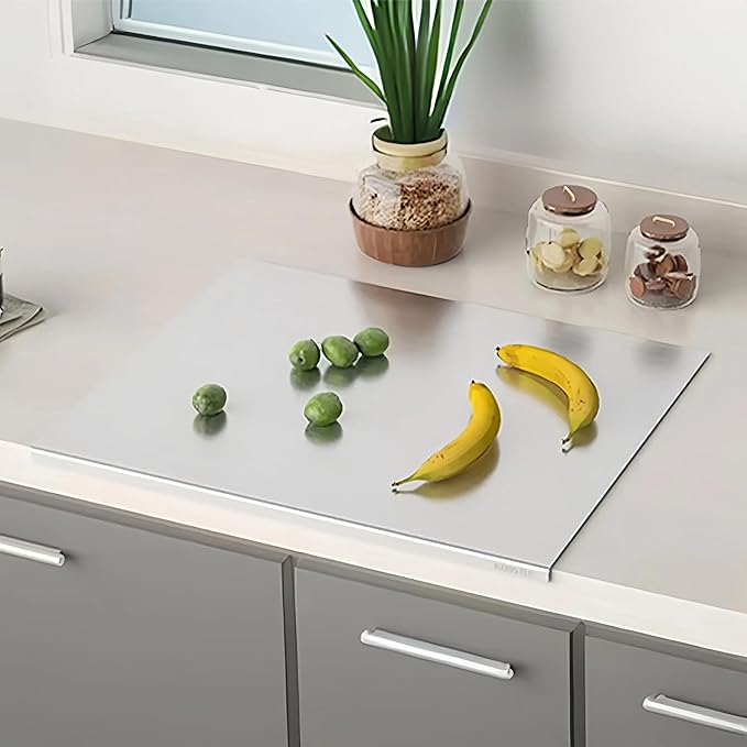KORVOS Stainless Steel Cutting Board, 15.7" x 11.8" Double-Sided Cutting Boards for Kitchen, Metal Chopping Board with Lip&Non-Slip Mat, Easy to Clean, Suitable for Meat Fruits & Baking
