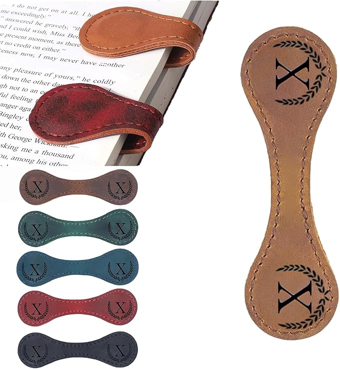 Personalized Magnetic Leather Bookmark, 26 Letters Custom Leather Bookmarks, Handmade, Leather Magnetic Bookmark for Book Lovers Readers Women Kid(Dark Yellow，X）