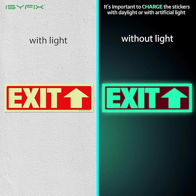 iSYFIX Exit Stickers Signs with Directional Up Arrow 6 Pack 12x4 Inch - Glow in the Dark Photoluminescent Vinyl for Office, School, Business, Warehouse - UV & Weather Resistant for Indoor/Outdoor Use