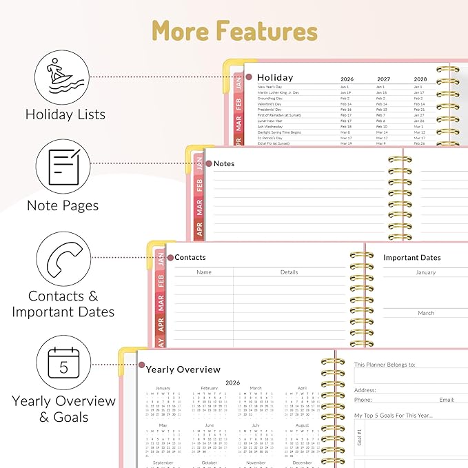 Forvencer 2026 Planner, Hardcover Calendar Planner Weekly and Monthly, Jan 2026 - Dec 2026, 6" x 8", Spiral Agenda Book with Tabs, Exquisite Daily Journal Organizer for Home School, Beige