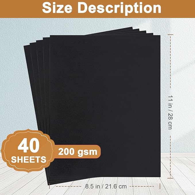 Silunkia 40 Sheets Black Cardstock 8.5 x 11 Printer Paper, 200gsm/75lb Heavyweight Black Card Stock for Halloween, DIY Card Making, Greeting Cards, School Crafting, Wedding Invitations