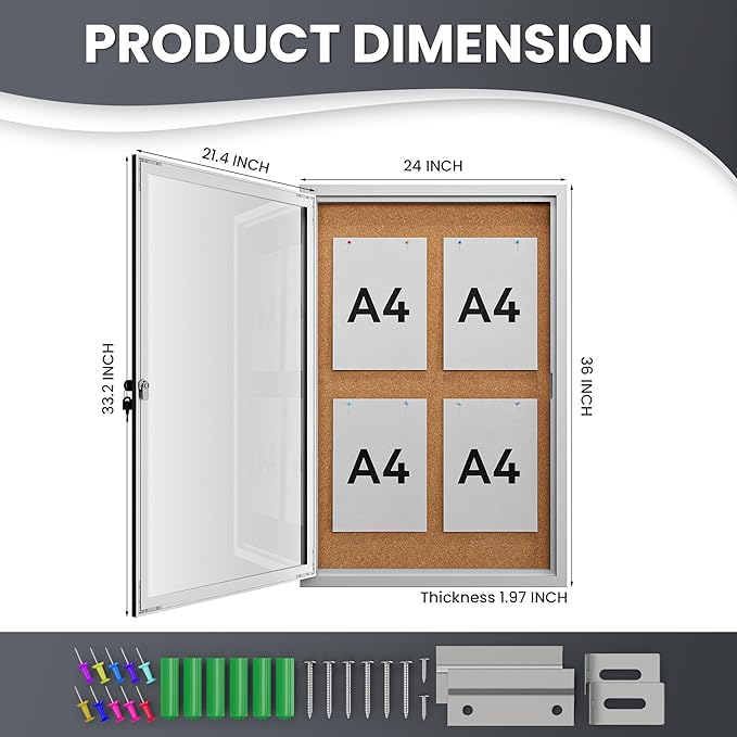 36"x24" Lockable Enclosed Bulletin Board, Outdoor Cork Weather-Resistant Aluminum Frame Notice Board, Wall Mounted Display Case Acrylic Doors for School,Office,Silver Frame w/Cork