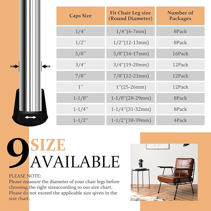 VOCOMO 1-1/8” Round Rubber Chair Leg Tips Caps, Chair Leg Floor Protectors, Non-Slip Chairs Legs Caps, Stool Feet Protectors Cap, Folding Metal Chairs Legs Tip Replacement (Black, 8 Pack)