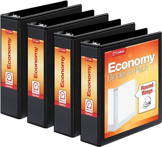 Cardinal Economy 3 Ring Binder, 2 Inch, Presentation View, Black, Holds 475 Sheets, Nonstick, PVC Free, 4 Pack of Binders (79522)