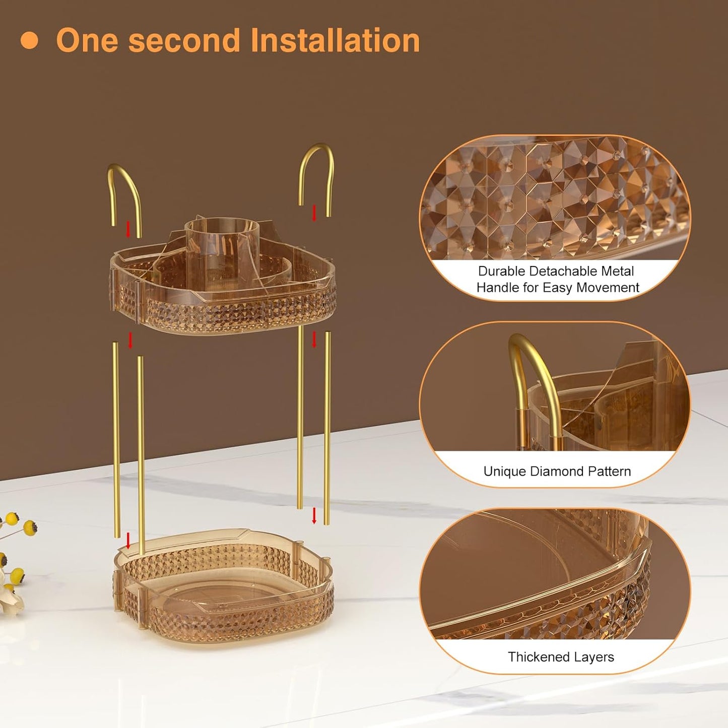 Awenia Rotating Makeup Organizer 360, Stackable Adjustable Large Capacity Cosmetic Storage Unit,Dresser Bathroom Kitchen Countertop Organizer with Metal Handle, Plus Size (Honorable Gold, 2 Tier)