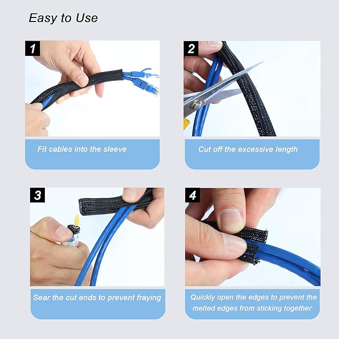 CrocSee 10ft - 1.25 inch Braided Cable Management Sleeve Cord Protector - Self-Wrapping Split Wire Loom for TV/Computer/Home Theater/Engine Bay - Black