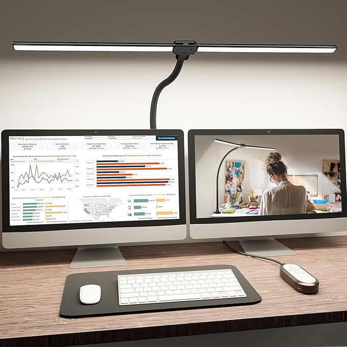 ShineTech LED Desk Lamp for Home Office, 4000K Neutral White Double Head Architect Task Lamps with Clamp, Dimmable Adjustable Flexible,Black