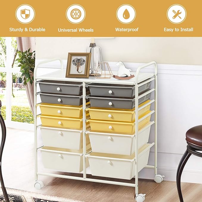 Giantex 12 Drawer Rolling Storage Cart Tools Scrapbook Paper Office School Organizer (Yellow)