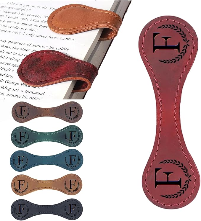 Personalized Magnetic Leather Bookmark, 26 Letters Custom Leather Bookmarks, Handmade, Leather Magnetic Bookmark for Book Lovers Readers Women Kid(Red，F