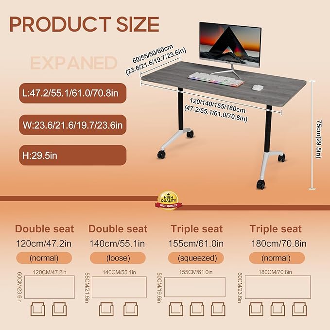 Folding Conference Table 4ft 5ft, Foldable Office Meeting Desk for 6 People, Multiple Sizes Colors Mobile Conference Room Table for Training Room School Business Furniture (4, Grey, 71in)