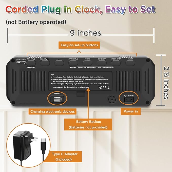 Peakeep Digital Alarm Clock for Bedrooms, Date Day of Week Large Display Numbers 6 Brightness Dimmer, 5 Volume Loud for Heavy Sleepers, 8 RGB Colors Electric Desk Clock Battery Backup, Auto DST